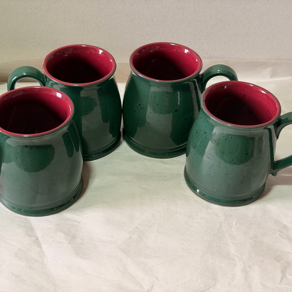 4 Alexander Julian Colours Speckled Green, Maroon Stoneware Coffee Mugs/ Cups